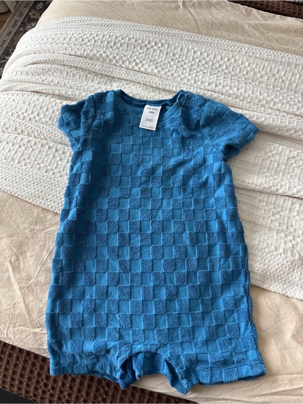 Okie Dokie Blue Checker Knit Baby Romper